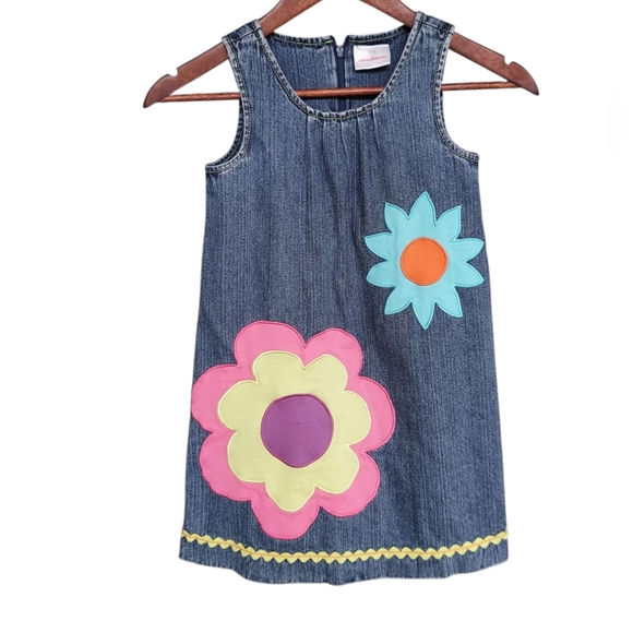 Hanna Andersson Floral Denim  Embellished Sleeveless Sundress Boho Summer - Picture 1 of 8